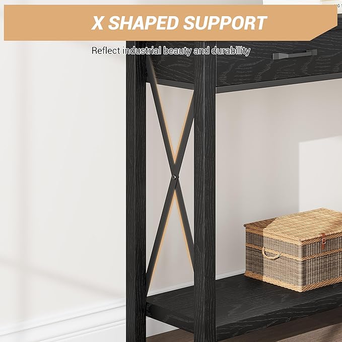 43” Entryway Table with Drawers, Narrow Console Sofa Table with Storage & Shelves, Farmhouse Entryway Console Table for Hallway, Living Room - Black