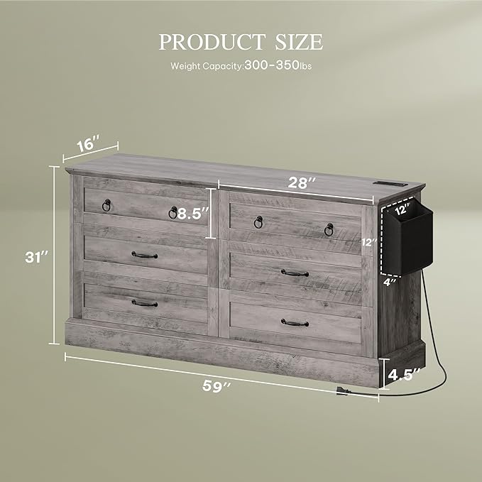 DWVO Farmhouse 6 Drawers Dresser, 59" Wide Wood Rustic Chest of Drawers with Nice Texture, Vintage Design, Storage Dressers Organizer for Living Room, Hallway, Grey