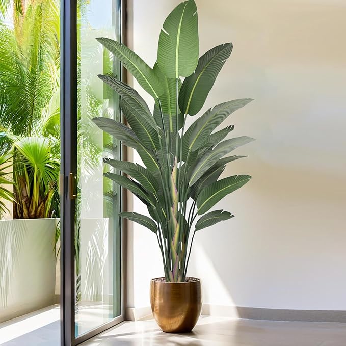 9FT Artificial Bird of Paradise Tree 106 Inch Large Faux Silk Plants Banana Leaf with 25 Trunks in Black Pot for Home Decor Living Room Office Bedroom