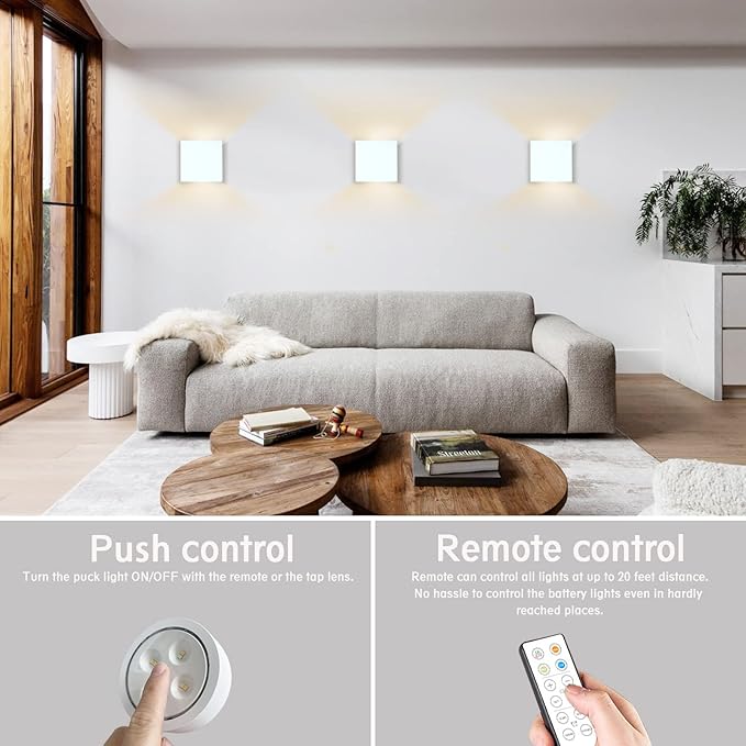 HEQIQEH White Modern Battery Operated Wall Sconces, LED Cube Indoor Up and Down Wall Lamp with Remote Control, Dimmable Cordless Wall Lighting Fixtures for Living Room,Bedside (White - 3 Pack)