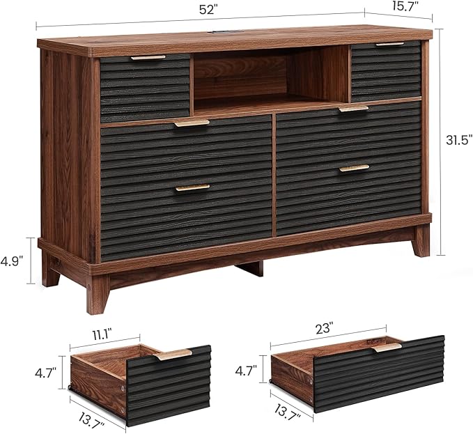 AOGLLATI Black Dresser for Bedroom with Slanted Louvre Design,Retro Chest of Drawers with Charging Station, Wooden Wide Led 6 Drawer Dresser for Bedroom,Living Room, Hallway, Black & Brown