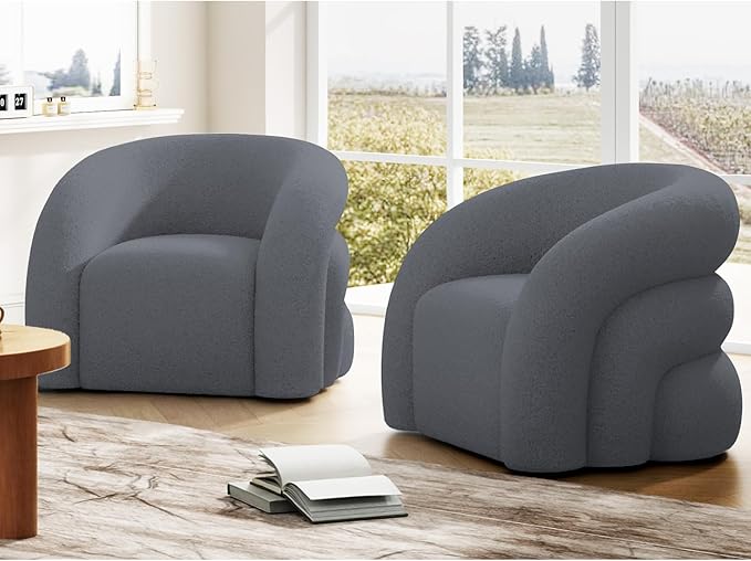 Swivel Accent Chair Set of 2,Upholstered Sherp Barrel Armchair 363° Round Modern Boucle Chair No Assembly for Living Room,Comfy Single Sofa Chairs for Bedroom(Grey)