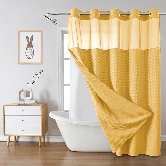 Gold No Hook Waffle Weave Shower Curtain with snap-in Liner Replacement, 230GSM Waterproof Fabric Hotel Shower Curtain Set for Bathroom, Through Mesh Top Window,71Wx77H