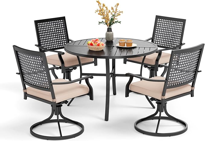 PHI VILLA Outdoor Modern Round Dining Table Set for 4 with Swivel Chairs, Patio Furniture Set of 5, Metal Circle Table with Umbrella Hole & Wrought Iron Chairs with Cushion Backyard