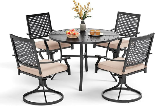 PHI VILLA Outdoor Modern Round Dining Table Set for 4 with Swivel Chairs, Patio Furniture Set of 5, Metal Circle Table with Umbrella Hole & Wrought Iron Chairs with Cushion Backyard