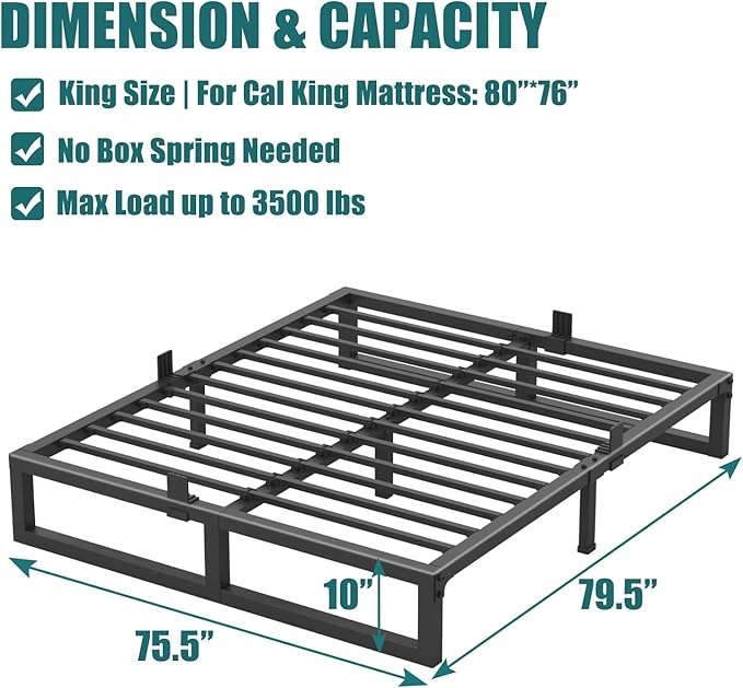 10 inch King Bed Frame,3500 lbs Heavy Duty Metal Platform, Steel Slats Support/No Box Spring Needed/Noise Free/Non-Slip/Easy Assembly