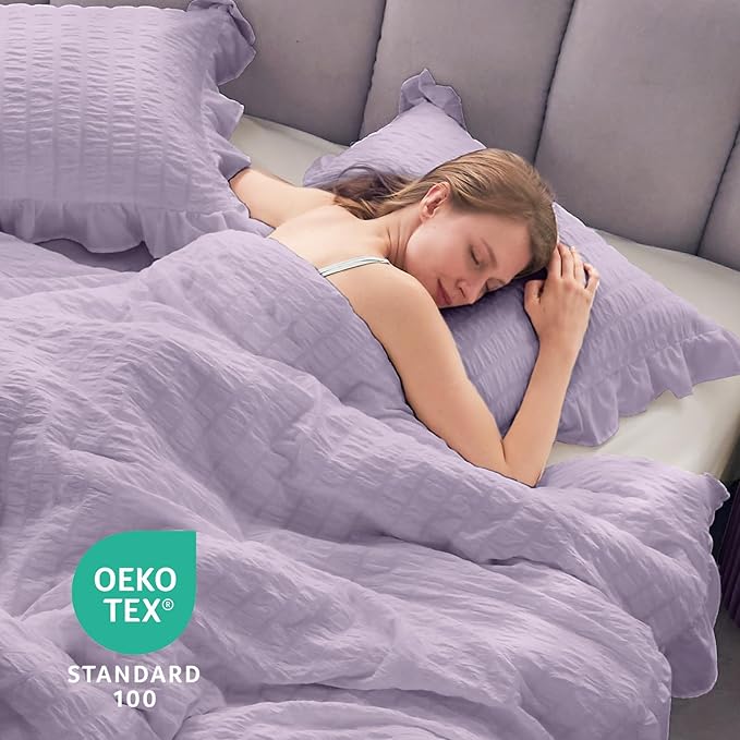 JOLLYVOGUE Lavender Twin Size Comforter Set, 2 Pieces Seersucker Lightweight Fluffy Bedding Set, Twin Ruffle Comforter, All Season Soft Microfiber Shabby Chic Bed Set