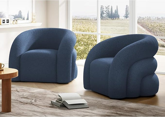 Swivel Accent Chair Set of 2,Upholstered Sherp Barrel Armchair 364° Round Modern Boucle Chair No Assembly for Living Room,Comfy Single Sofa Chairs for Bedroom(Navy Blue)