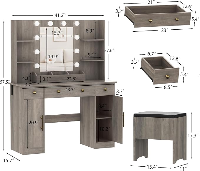 Vanity Desk with Mirror and Lights,Grey Makeup Vanity with Charging Station & Stool, 3 Drawers and Cabinets, Farmhouse Vanity Mirror with RGB LED Lights Makeup Desk and Chair for Women