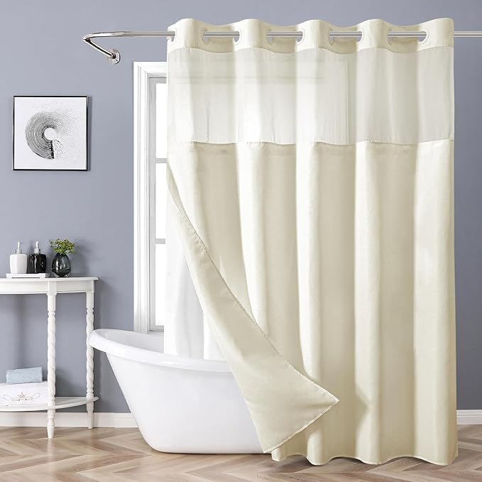 Cream No Hook Shower Curtain with Snap-in Fabric Liner Set,Slub Textured Fabric Shower Curtains for Bathroom,Hotel Style Modern Shower Curtain,Water Repellent & Washable,71x74(72)
