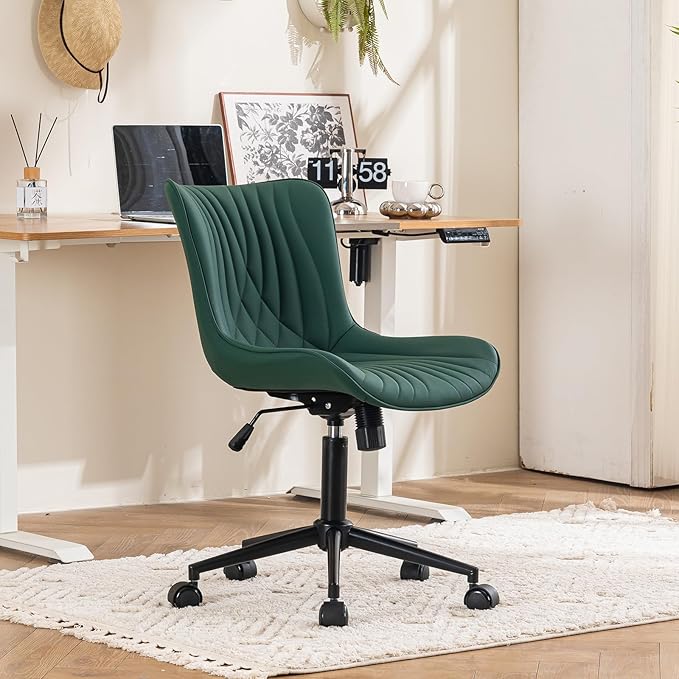 YOUTASTE Dark Green Office Chair, Modern Armless Desk Chair with Back, Adjustable Swivel Rolling Faux Leather Task Chair with Wheels Metal Base for Home Office, Study, or Vanity