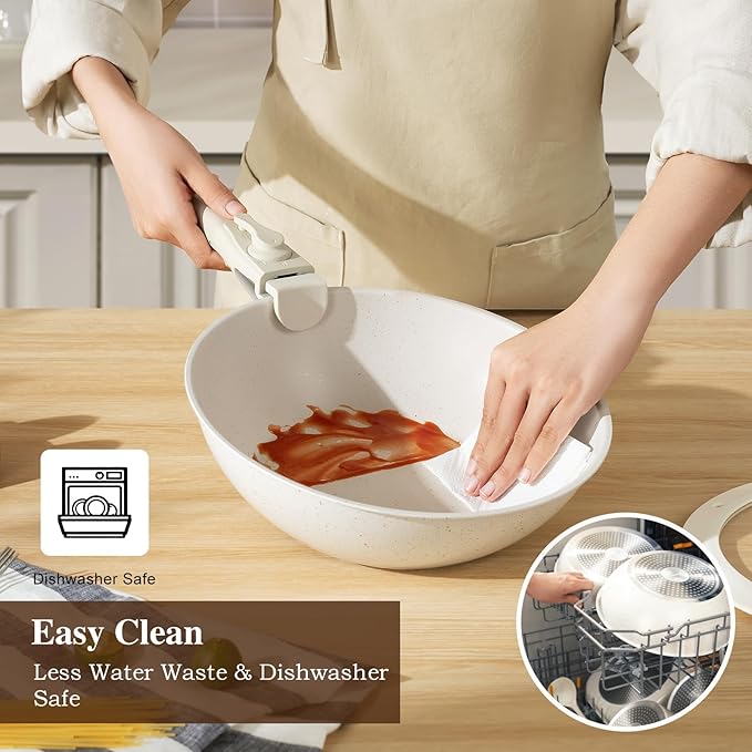 20 Pcs Pots and Pans Set Non Stick, Ceramic Cookware Set Detachable Handle, RV Kitchen Cooking Set Removeable Handles, Oven Safe, Induction Ready, Stackable Non-stick, Cream White