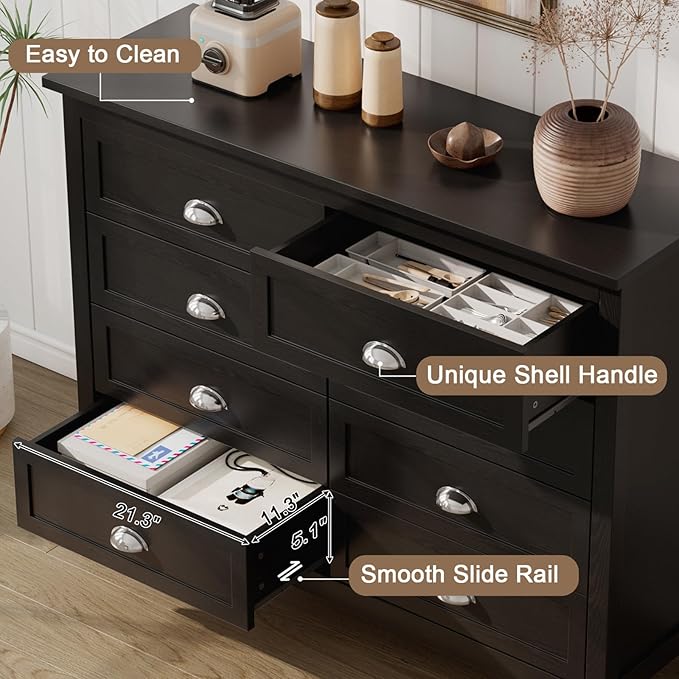 8 Drawer Dresser, Farmhouse Tall Dresser for Bedroom, Antique Black Chest of Drawers, Modern Double Dressers for Bedroom, Closet