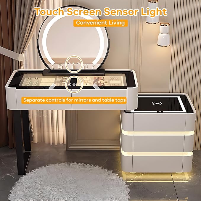 Makeup Vanity Desk, Modern Dressing Table Include LED Smart Round Mirror and Glass Countertop, Luxury Vanity Set with Makeup Chair, Side Cabinet with Drawers Storage and Ambient Light (White,40")