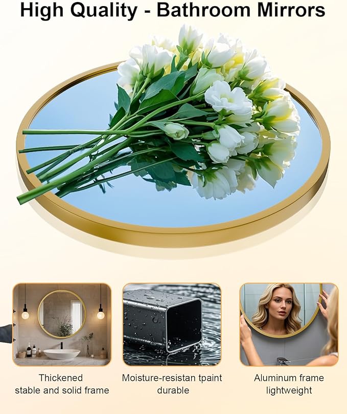 Round Bathroom Mirror 30" X 30" Wall Mount Dresser Metal Frame Mirror Over Sink Vanity Hungs Horizontally Or Vertically for Bedroom, Entryway, Living Room,Gold