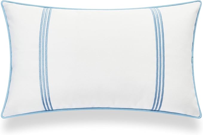Hofdeco Premium Coastal Hampton Style Patio Indoor Outdoor Lumbar Pillow Cover Only, 12"x20" Water Resistant for Backyard, Couch, Baby Blue Embroidered Vertical Line