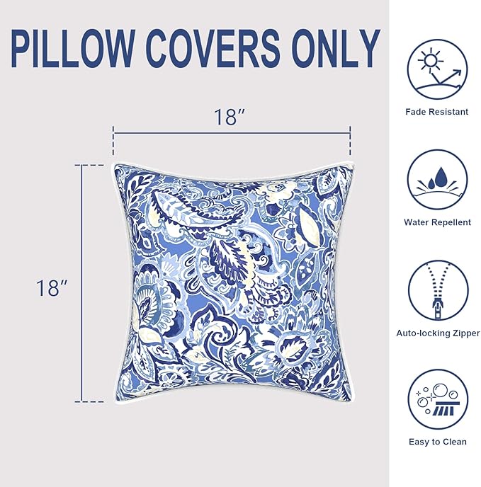 Outdoor Throw Pillow Covers Pack of 2, Decorative Water Repellent Square Pillow Cases 18x18 Inch, Patio Pillowcases for Home Patio Furniture Use, Floral Bluish Violet
