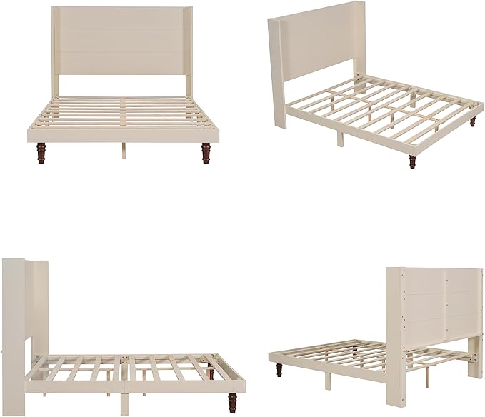 GDFStudio Tall Headboard Queen Size Bed,Platform Bed Frame with High Back,Wooden Slat Mattress Support No Box Spring Needed Easy Assembly Minimalist Designs 54" H Beige