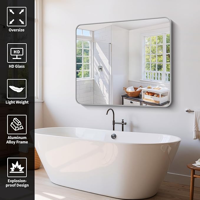 48x40 Inch Silver Bathroom Mirror, Large Rectangle Mirror, Metal Framed Rectangular Vanity Mirror, Rounded Corner Wall Mounted Mirror for Living Room Bedroom Entryway Horizontal or Vertical
