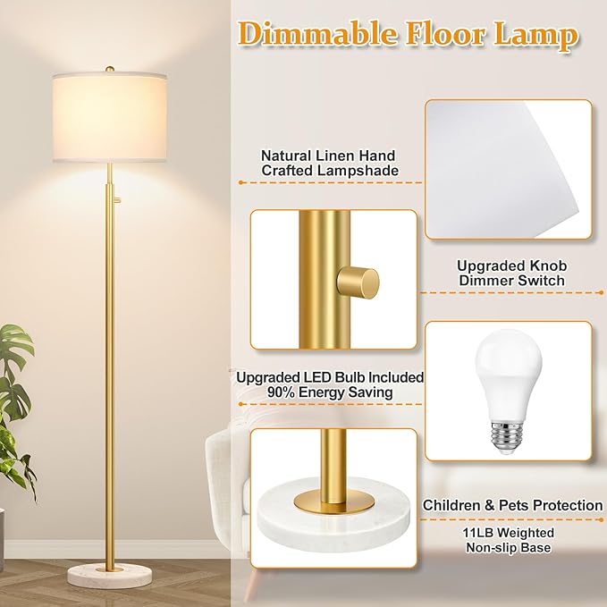 【Upgraded】Dimmable Gold Floor Lamp for Living Room, 11W LED Bulb Included, Modern Standing Lamp with Marble Base, Tall Pole Light with White Linen Shade for Bedroom Reading Office Corner Nursery