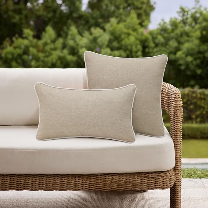 Decorative Outdoor Water Repellent Throw Pillows with Inserts, Set of 4, 20" x12" Pillows for Patio, Backyard, Bed, Couch, and Patio Furniture, Tan