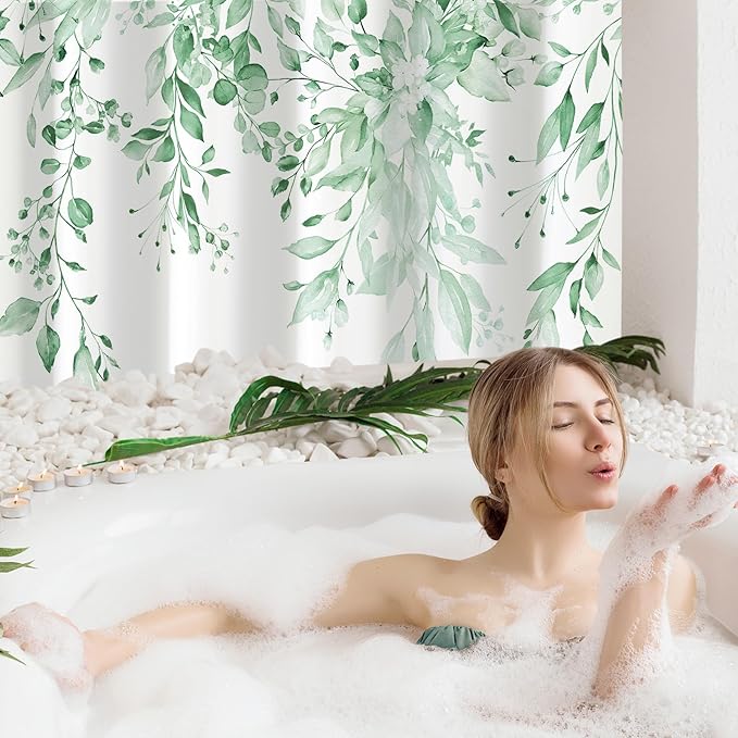 Gibelle Mint Green Eucalyptus Shower Curtain, Watercolor Plant Leaves with Floral Bathroom Shower Curtain Set with Hooks, 72x72