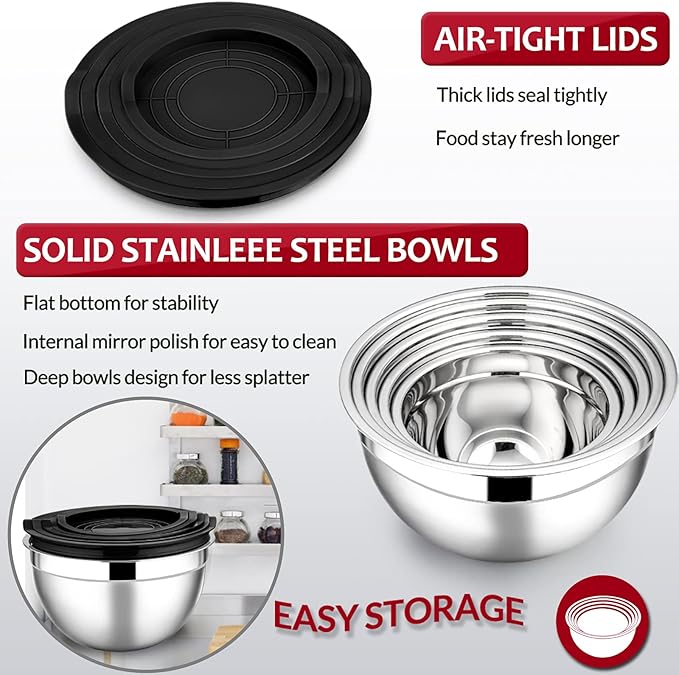 E-far Mixing Bowls with Lids Set of 5, Stainless Steel Black Mixing Bowls Metal Nesting Bowls with Airtight Lids for Cooking, Baking, Serving, Storage - Size 0.7/1/1.5/3/4.6QT - Dishwasher Safe