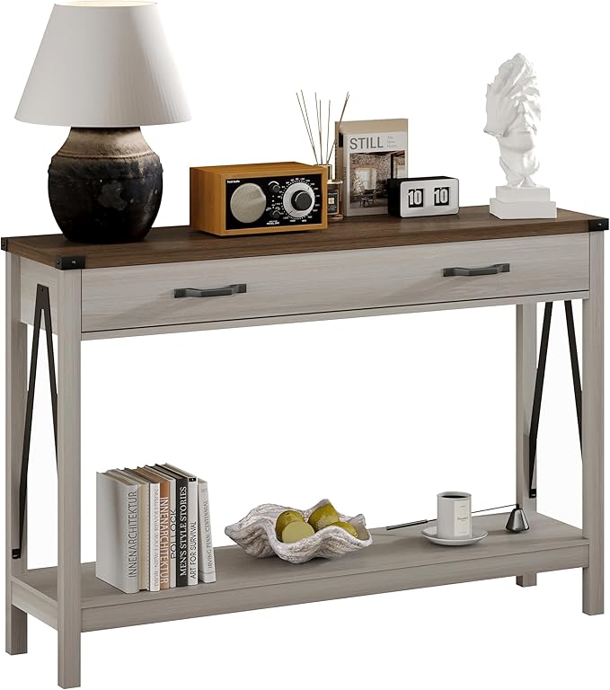 ChooChoo 47'' Farmhouse Console Table with Drawer, Entryway Table with Storage Shelf, Rustic A-Design Sofa Table for Hallway, Entrance, Living Room, White&Brown
