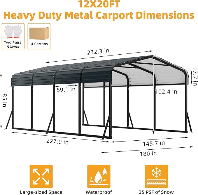 12' x 20' Heavy Duty Metal Carport with Galvanized Steel Roof, Metal Roof Carport with Enhanced Base, Tall Metal Carport Kits Garage for Tractors, Pickup, Boat, Car