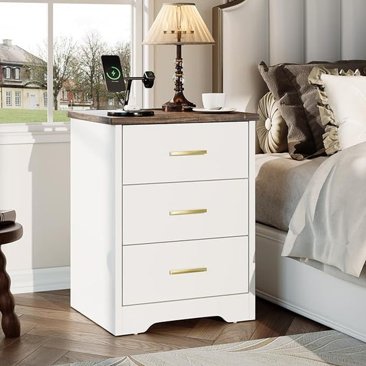 LIDYUK Dresser for Bedroom, Wood Dresser with 3 Drawers, Modern Minimalist Dressers & Chest of Drawers, 21 Inches Tall Side Table Nightstand with Charging Station, for Bedroom, Living Room, White