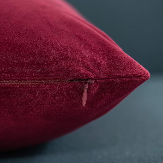 DEZENE Throw Pillow Covers 24x24 Burgundy: 2 Pack Cozy Soft Velvet Square Decorative Pillow Cases for Farmhouse Home Decor