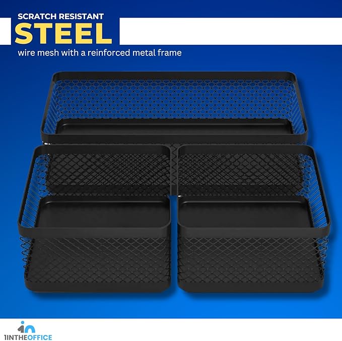 1InTheOffice Mesh Collection Desk Drawer Organizer Tray 3 Compartment - Stackable, Matte Black
