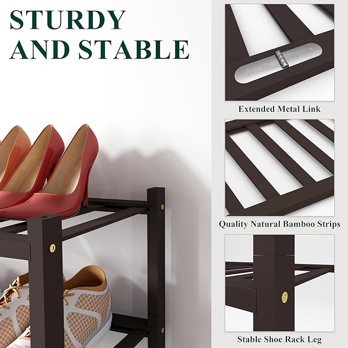 Smiry Shoe Rack, 2 Tier Long Bamboo Shoe Organizer, Stackable Free Standing Wooden Shoe Storage Shelf for Closet, Entryway, Front Door Entrance, Brown