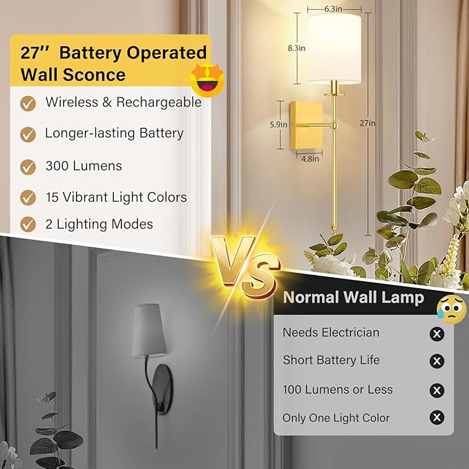 27 Inch Wall Sconces Battery Operated Set of 2, Rechargeable Wireless Wall Sconces Lights with Remote, Not Hardwired Dimmable Gold Wall Lamps with White Fabric Shade for Bedroom, 2 Bulbs Included