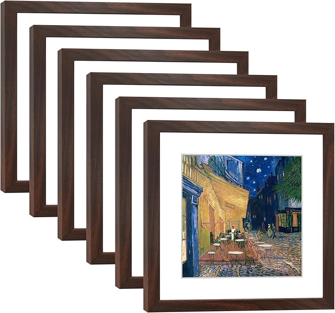 11x11 Picture Frame Set of 6 with Real Glass for Pictures 8x8 with Mat or 11x11 Without Mat, Wall Gallery or Tabletop display Photo Frames in Walnut
