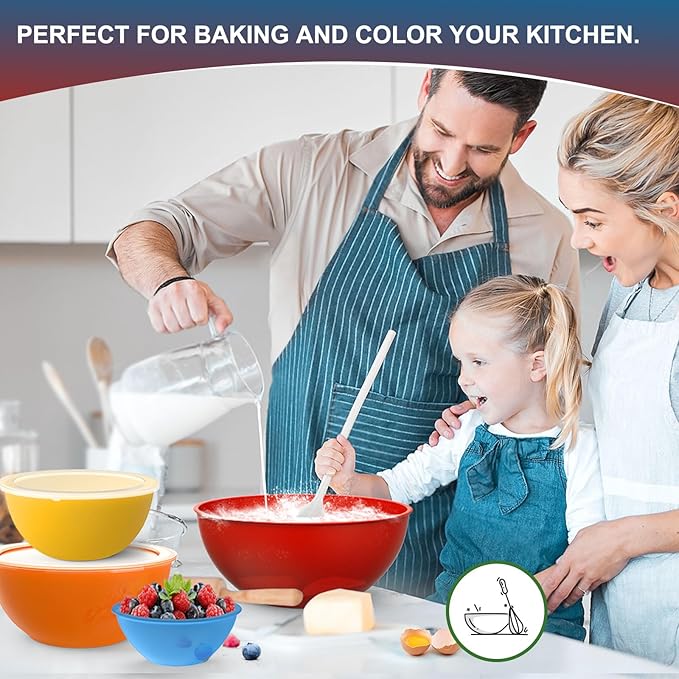 6-Piece Plastic Mixing Bowl Set with Lids for Kitchen, Nesting Storage Bowls for Baking, Prepping,Cooking and Serving Food, Dishwasher, Microwave Safe,Great for Mixing & Serving(6 Set-Rose Red)