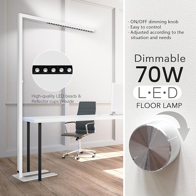 STERREN 77" LED Floor Lamp for Office, 7350LM Dimmable Eye-Care Standing Piano Lamp,70W Tall Reading Light, 4000K Bright Lighting for Living Room - White