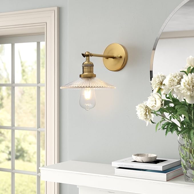 Industrial Vintage Wall Sconce 1-Light with Funnel Ribbed Clear Glass Shade, Indoor Wall Mounted Lamp Fixture for Living Room Bedroom Bathroom Over Kitchen Sink