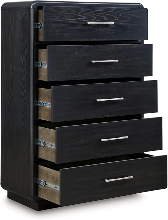 Signature Design by Ashley Rowanbeck Modern 5 Drawer Chest with Felt-Lined Top Drawer and Safety Stop, Black