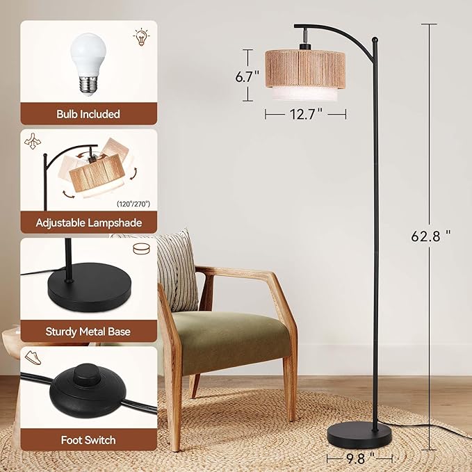 SUNMORY Floor Lamps for Living Room with 12W LED Bulb, Arc Floor Lamp with 3 Color Temperatures, Farmhouse Floor Lamps with Adjustable Rattan & Fabric Shades, Boho Standing Lamp for Bedroom, Corner