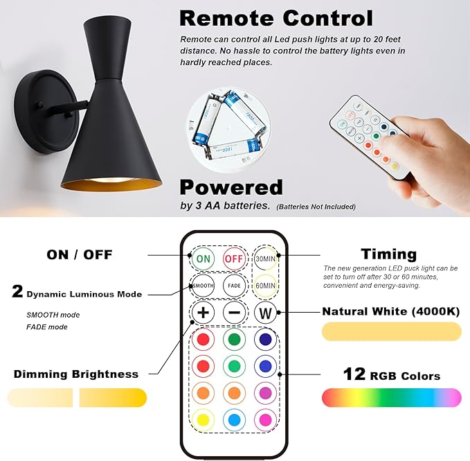 HEQIQEH Modern Battery Powered Adjustable Wall Sconces Light Set of 2 with Flared Funnel Metal Shade, 13 RGB Remote Control Dimmable Wall Mounted Lamp for Galleries, Hallway, Bedroom, Hotels