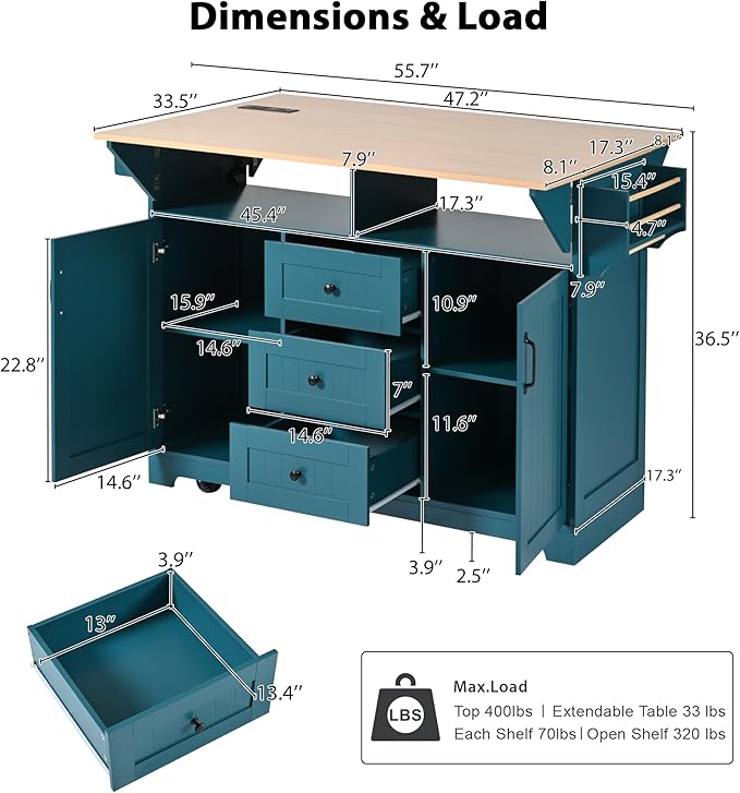 Kitchen Island with 2 Drop Leaf, Home Cart Island on Wheels Foldable Dining Table with Power Outlets,3 Drawers,Storage Cabinet, Tower Rack(Green)