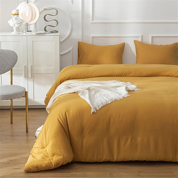 Cottonight Mustard Yellow Comforter Sets King Solid Dark Yellow Bedding Comforter Set Deep Yellow Cozy Blanket Quilts Women Men Durable Modern Style Mustsard Bedding Set for Adults Teens