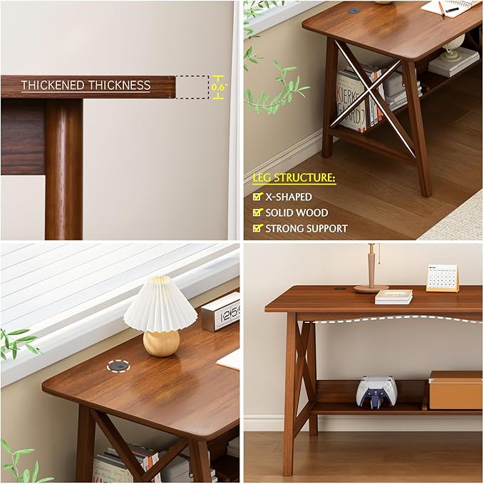 Extra Long Desk with Bookshelf - Wooden Home Office Work Study Table, 2-Person Writing Computer Workstation with Storage Shelf in Walnut, 63" Wx20 Dx30 H