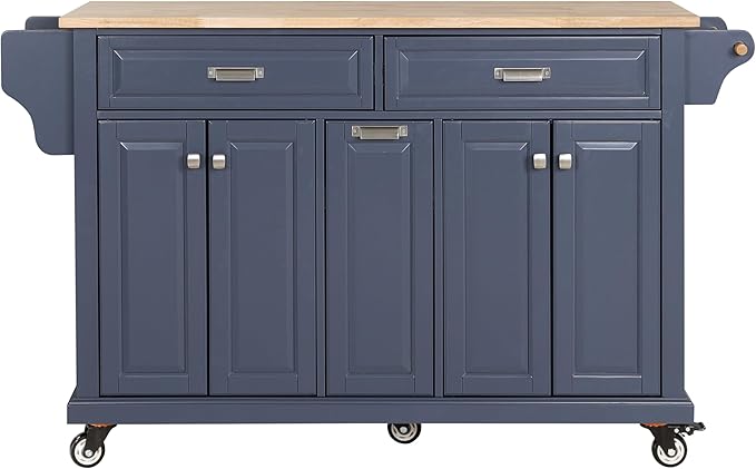 Generic Cambridge Mobile Kitchen Island on Wheels with Storage and Wood top, Rolling Island with Spice Rack and Towel Holder, 60.5 Inch Width Island Table for Kitchen, (Blue), Large