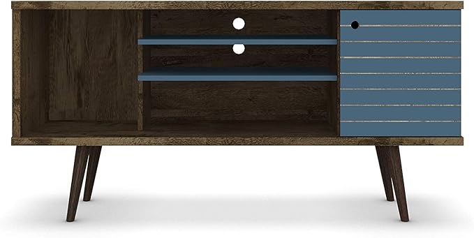 Manhattan Comfort Liberty Mid Century Modern TV Stand for Televisions up to 50 Inches, Bedroom and Living Room Entertainment Center with Storage, Shelves, and Cabinet, 53" Wide, Rustic Brown/Aqua