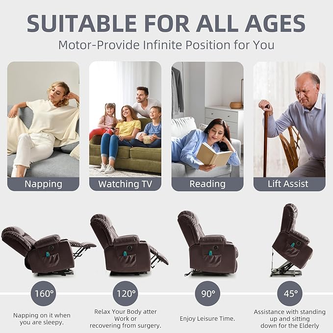 Power Lift Recliner Chair for Elderly, Electric Recliner Chairs for Adults with Massage and Heat, Cup Holders, Remote Control, USB Ports, Side Pockets, Leather (Saddle Brown)