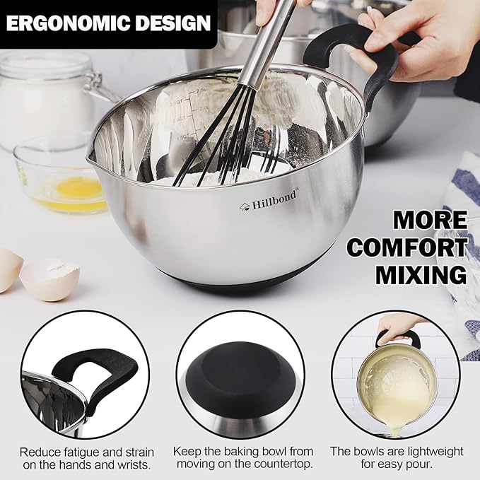 Hillbond Stainless Steel Bowls with Lids Set Mixing Bowls with Pour Spout, Silicone Handle and Non-Slip Bottoms for Baking, Metal Bowls Mixing Dishwasher Safe, Set of 3 (Black)