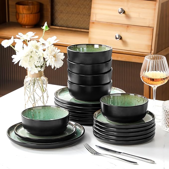 vancasso Plates and Bowls Sets, 18 Pieces Stoneware Dinnerware Sets for 6, Kitchen Dish Set Mircowave and Dishwasher Safe Dinner Set Ceramic Dishware, Turf Green, Series AMBER