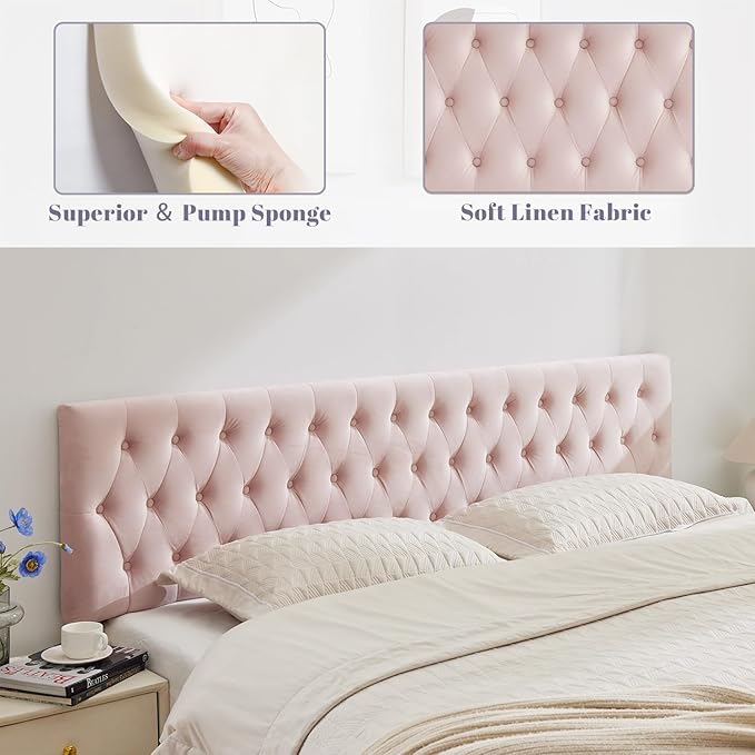 Kingfun Tufted Upholstered Queen Size Bed Headboard in Modern Button Design, Adjustable Solid Wood Head Board, Premium Velvet Fabric Padded Headboards in Bedroom (Pink)